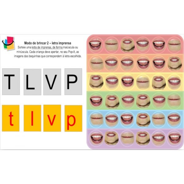 POP-IT – Bingo Tipo de Letras L-P-V-T - Fixação dos 6 tipos de letras, imprensa, manuscrita e script (maiúsculas e minúsculas) - MDB